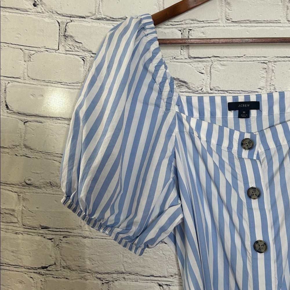 J.Crew Blue & White Striped Button-Front Midi Dress with Puff Sleeves Medium - Picture 3 of 11